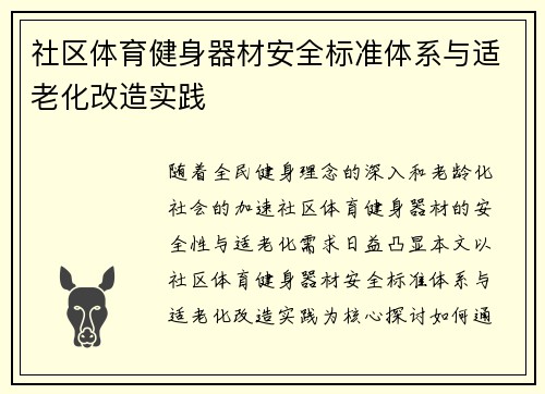 社区体育健身器材安全标准体系与适老化改造实践